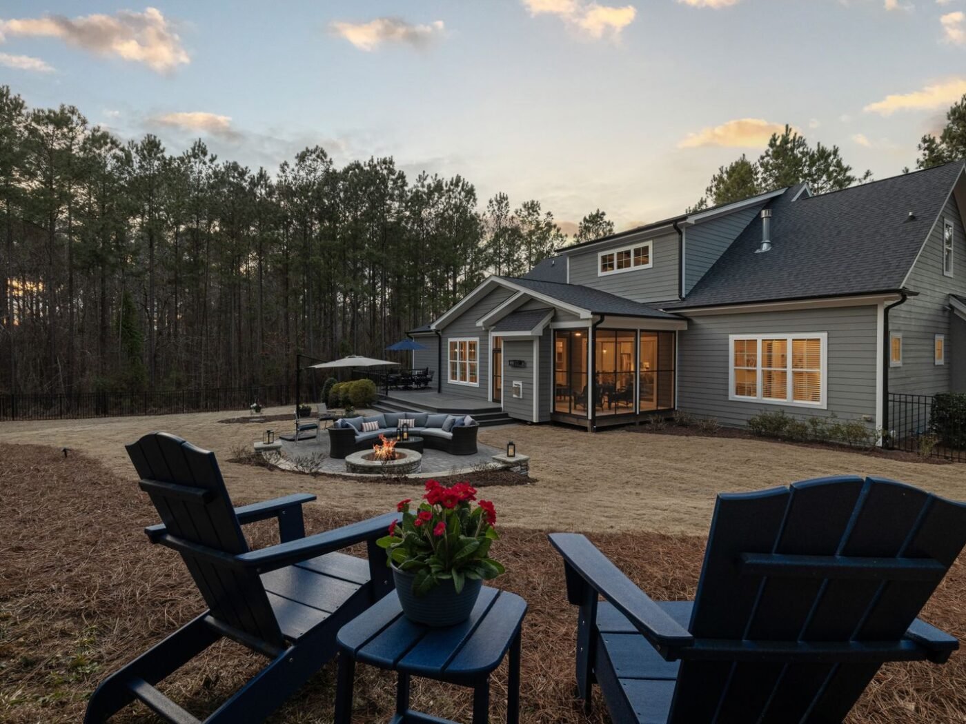 Finished paver patio at golden hour